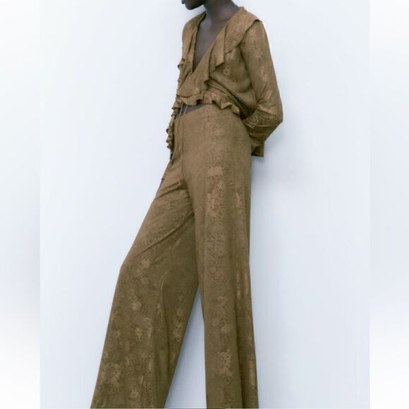 NWT Zara Jacquard Ruffle Top and Wide Leg Pants Set - Picture 10 of 15